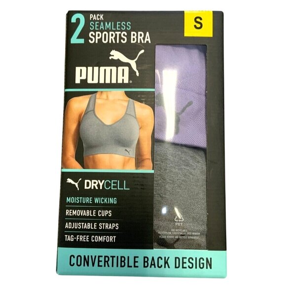 PUMA Sm 2 Pack Seamless Athletic Sports Bra Set Adjustable Cross Back Activewear - Picture 8 of 11